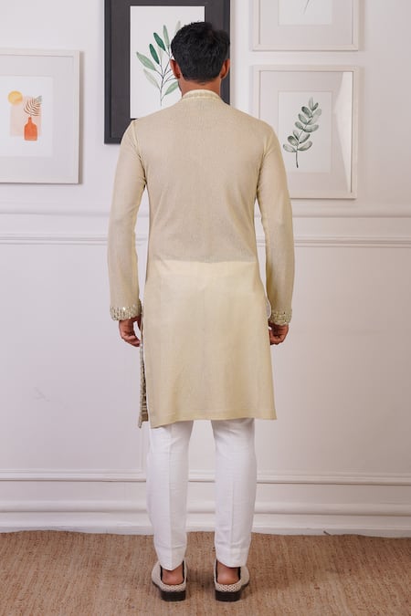 Shop_Ankur J_Cream Cotton, Silk Mirrors Linear Embroidered Kurta With Pant _at_Aza_Fashions