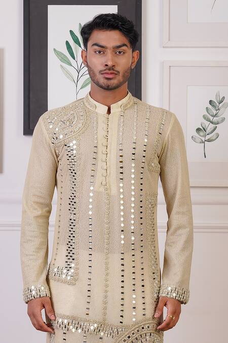 Ankur J Cream Cotton, Silk Mirrors Linear Embroidered Kurta With Pant Online at Aza Fashions Ankur J_Cream Cotton, Silk Mirrors Linear Embroidered Kurta With Pant _Online_at_Aza_Fashions