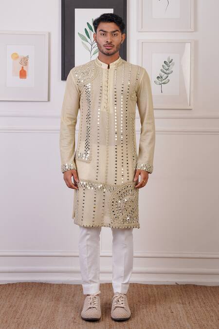 Buy_Ankur J_Cream Cotton, Silk Mirrors Linear Embroidered Kurta With Pant _Online_at_Aza_Fashions