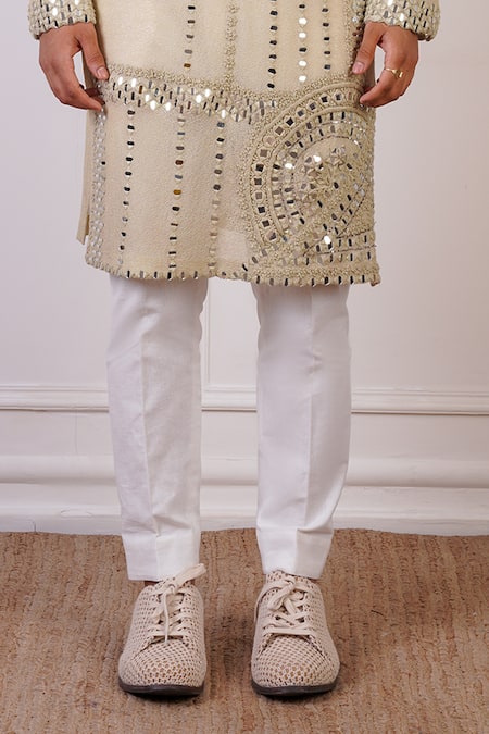 Shop Ankur J Cream Cotton, Silk Mirrors Linear Embroidered Kurta With Pant Online at Aza Fashions Shop_Ankur J_Cream Cotton, Silk Mirrors Linear Embroidered Kurta With Pant _Online_at_Aza_Fashions