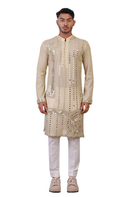 Ankur J Cream Cotton, Silk Mirrors Linear Embroidered Kurta With Pant at Aza Fashions Ankur J_Cream Cotton, Silk Mirrors Linear Embroidered Kurta With Pant _at_Aza_Fashions