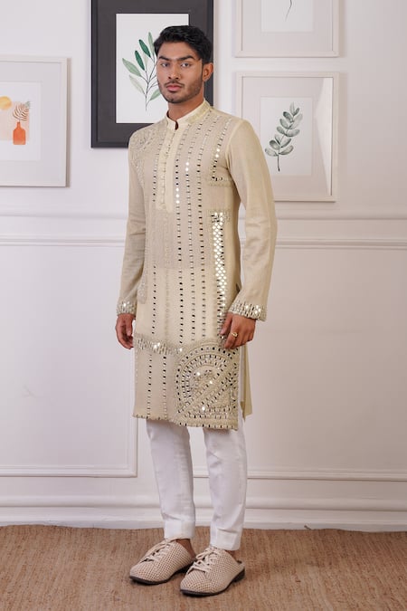 Buy_Ankur J_Cream Cotton, Silk Mirrors Linear Embroidered Kurta With Pant 