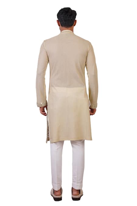Shop Ankur J Cream Cotton, Silk Mirrors Linear Embroidered Kurta With Pant Shop_Ankur J_Cream Cotton, Silk Mirrors Linear Embroidered Kurta With Pant