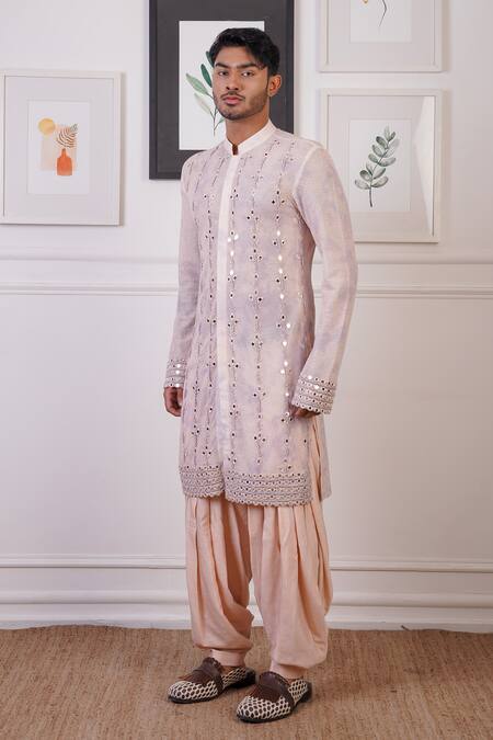 Ankur J_Peach Cotton With Silk Mesh Embroidery Mirror Embellished Kurta Salwar _at_Aza_Fashions