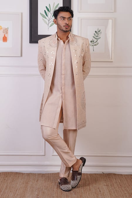 Ankur J Peach Cotton With Silk Mesh Embroidery Mirror Sherwani Pant Set 