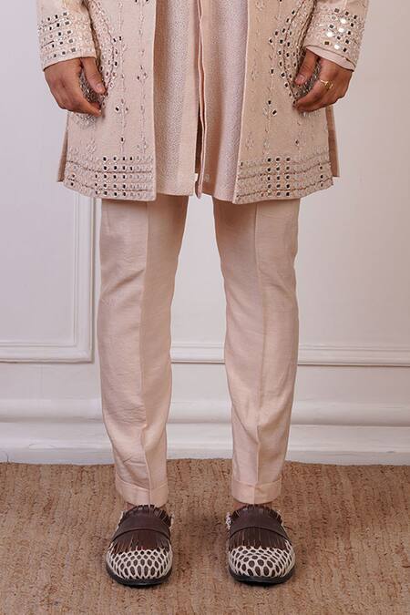 Ankur J Peach Cotton With Silk Mesh Embroidery Mirror Sherwani Pant Set Online at Aza Fashions Ankur J_Peach Cotton With Silk Mesh Embroidery Mirror Sherwani Pant Set _Online_at_Aza_Fashions