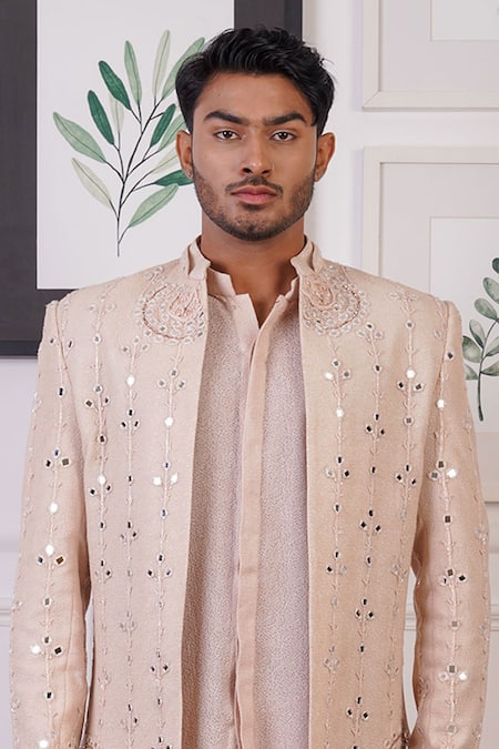 Buy Ankur J Peach Cotton With Silk Mesh Embroidery Mirror Sherwani Pant Set Online at Aza Fashions Buy_Ankur J_Peach Cotton With Silk Mesh Embroidery Mirror Sherwani Pant Set _Online_at_Aza_Fashions