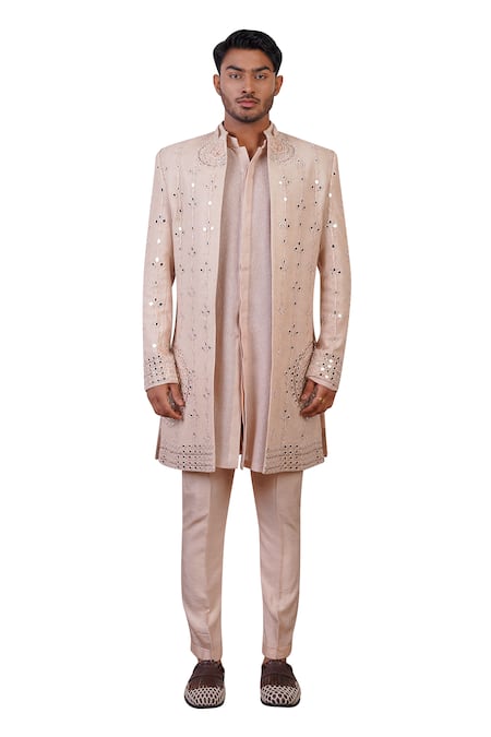 Shop Ankur J Peach Cotton With Silk Mesh Embroidery Mirror Sherwani Pant Set Online at Aza Fashions Shop_Ankur J_Peach Cotton With Silk Mesh Embroidery Mirror Sherwani Pant Set _Online_at_Aza_Fashions