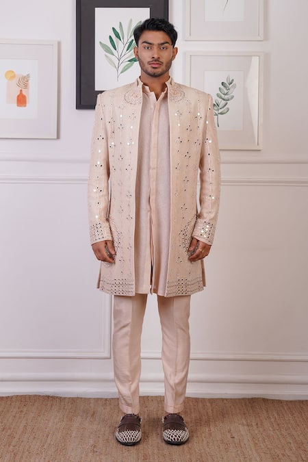 Ankur J_Peach Cotton With Silk Mesh Embroidery Mirror Sherwani Pant Set _at_Aza_Fashions