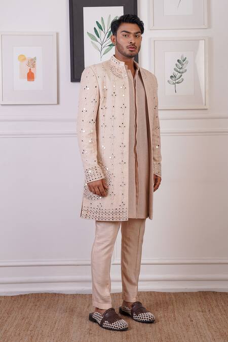 Shop_Ankur J_Peach Cotton With Silk Mesh Embroidery Mirror Sherwani Pant Set 