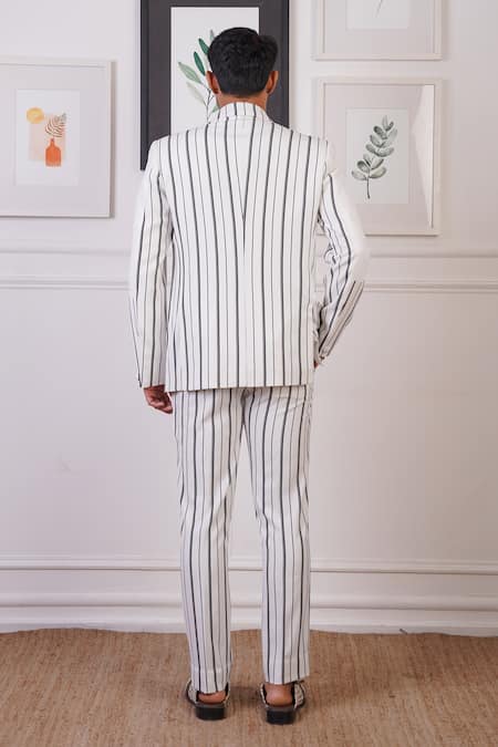 Shop_Ankur J_White Suiting Stripe Pattern Blazer And Pant Set _at_Aza_Fashions