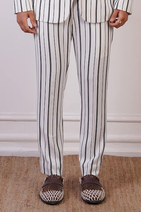 Ankur J_White Suiting Stripe Pattern Blazer And Pant Set _Online_at_Aza_Fashions
