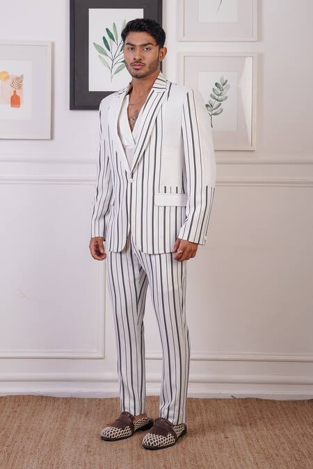 Ankur J_White Suiting Stripe Pattern Blazer And Pant Set _at_Aza_Fashions