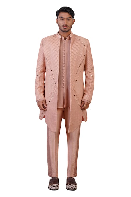 Ankur J Peach Cotton With Silk Mesh Embroidery Mirror Asymmetric Sherwani Pant Set Online at Aza Fashions Ankur J_Peach Cotton With Silk Mesh Embroidery Mirror Asymmetric Sherwani Pant Set _Online_at_Aza_Fashions