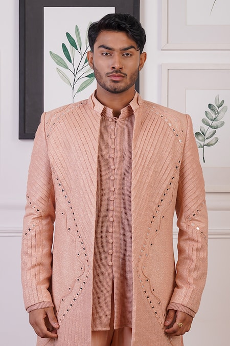 Buy Ankur J Peach Cotton With Silk Mesh Embroidery Mirror Asymmetric Sherwani Pant Set Online at Aza Fashions Buy_Ankur J_Peach Cotton With Silk Mesh Embroidery Mirror Asymmetric Sherwani Pant Set _Online_at_Aza_Fashions