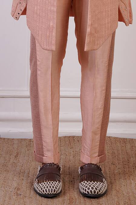 Shop Ankur J Peach Cotton With Silk Mesh Embroidery Mirror Asymmetric Sherwani Pant Set Online at Aza Fashions Shop_Ankur J_Peach Cotton With Silk Mesh Embroidery Mirror Asymmetric Sherwani Pant Set _Online_at_Aza_Fashions