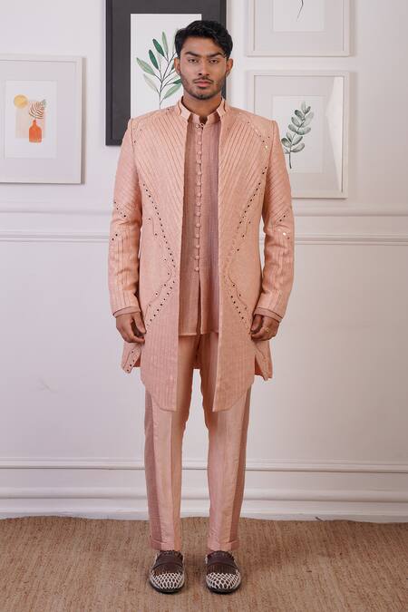 Ankur J_Peach Cotton With Silk Mesh Embroidery Mirror Asymmetric Sherwani Pant Set _at_Aza_Fashions