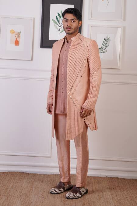 Buy_Ankur J_Peach Cotton With Silk Mesh Embroidery Mirror Asymmetric Sherwani Pant Set 