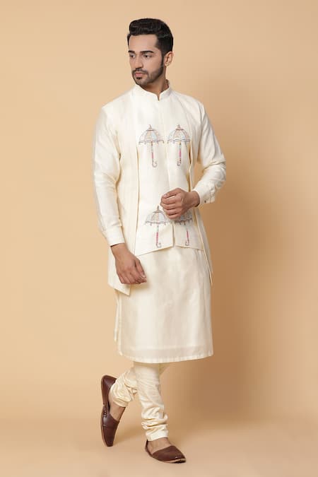 Kudrat Couture_Cream Raw Silk Embroidery Resham Umbrella Panelled Kurta Set_Online_at_Aza_Fashions