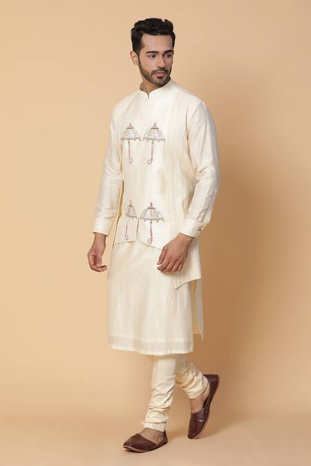 Buy_Kudrat Couture_Cream Raw Silk Embroidery Resham Umbrella Panelled Kurta Set_Online_at_Aza_Fashions
