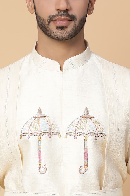 Shop_Kudrat Couture_Cream Raw Silk Embroidery Resham Umbrella Panelled Kurta Set_Online_at_Aza_Fashions