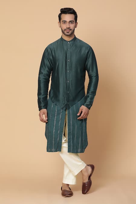 Kudrat Couture Green Chanderi Silk Stripe Kurta Set 