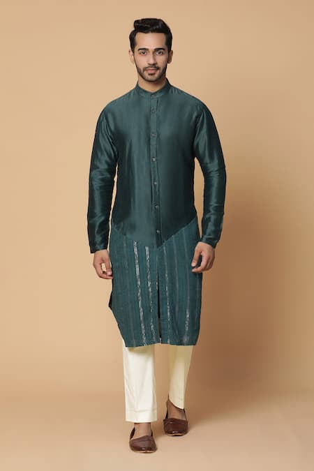 Kudrat Couture_Green Chanderi Silk Stripe Kurta Set_Online_at_Aza_Fashions