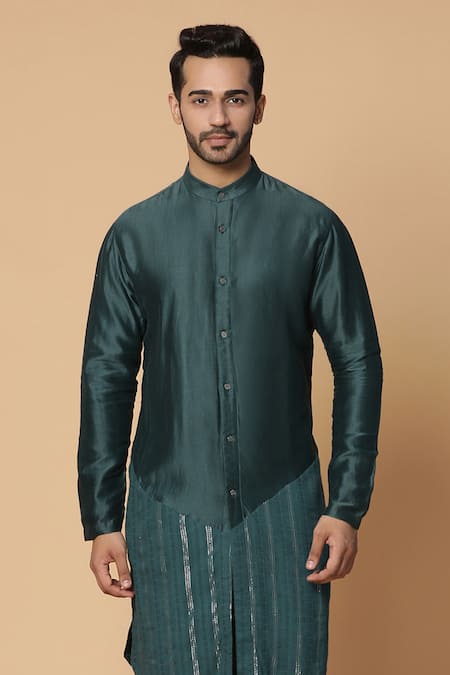 Buy_Kudrat Couture_Green Chanderi Silk Stripe Kurta Set_Online_at_Aza_Fashions