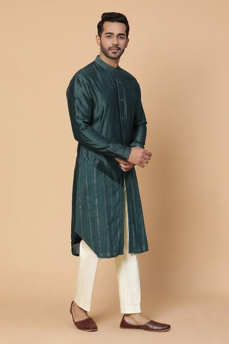 Shop_Kudrat Couture_Green Chanderi Silk Stripe Kurta Set_Online_at_Aza_Fashions