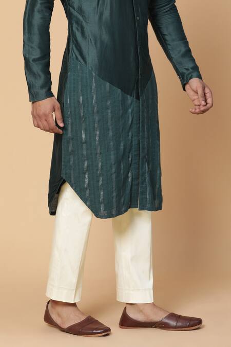 Kudrat Couture_Green Chanderi Silk Stripe Kurta Set_at_Aza_Fashions
