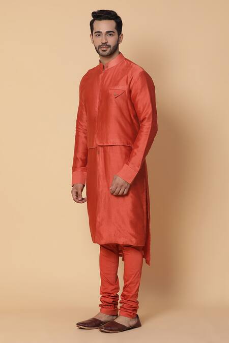 Buy_Kudrat Couture_Orange Chanderi Silk Plain Panelled Kurta Set_Online_at_Aza_Fashions