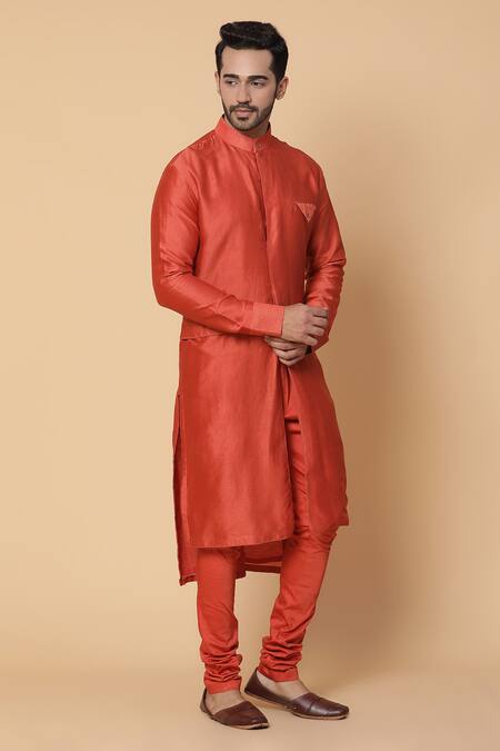 Shop_Kudrat Couture_Orange Chanderi Silk Plain Panelled Kurta Set_Online_at_Aza_Fashions