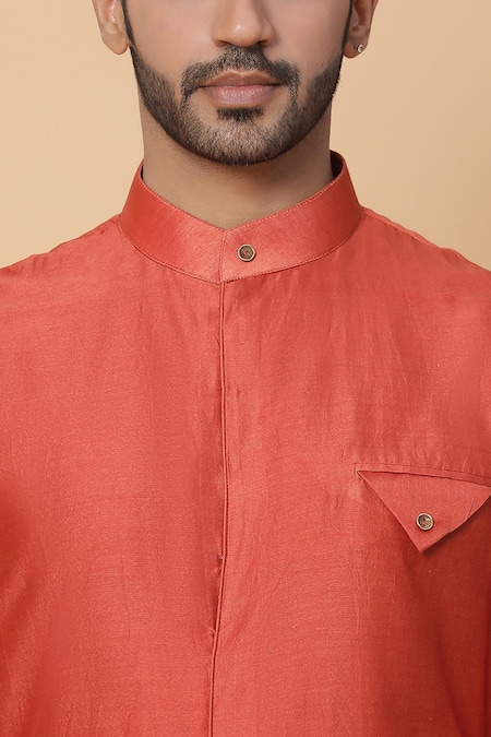 Kudrat Couture_Orange Chanderi Silk Plain Panelled Kurta Set_at_Aza_Fashions