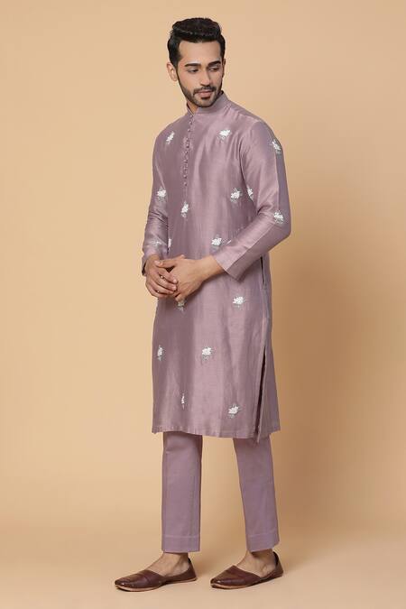 Buy_Kudrat Couture_Purple Chanderi Silk Embroidery Pearl Kurta Set_Online_at_Aza_Fashions