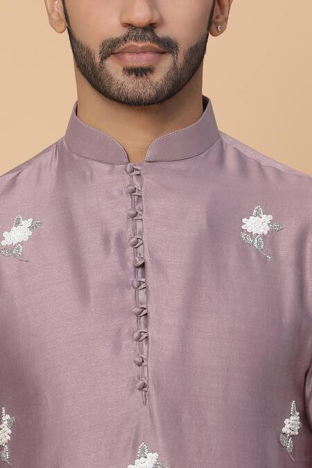 Shop_Kudrat Couture_Purple Chanderi Silk Embroidery Pearl Kurta Set_Online_at_Aza_Fashions
