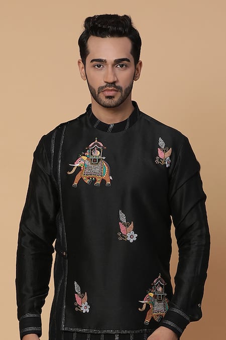 Kudrat Couture_Black Chanderi Silk Embroidery Zardozi Airavata Elephant Kurta Set_Online_at_Aza_Fashions