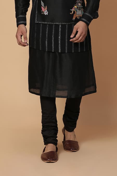 Buy_Kudrat Couture_Black Chanderi Silk Embroidery Zardozi Airavata Elephant Kurta Set_Online_at_Aza_Fashions
