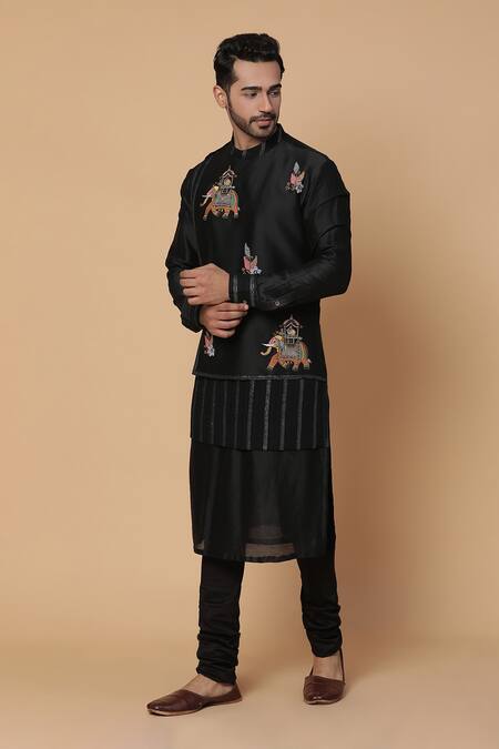 Shop_Kudrat Couture_Black Chanderi Silk Embroidery Zardozi Airavata Elephant Kurta Set_Online_at_Aza_Fashions