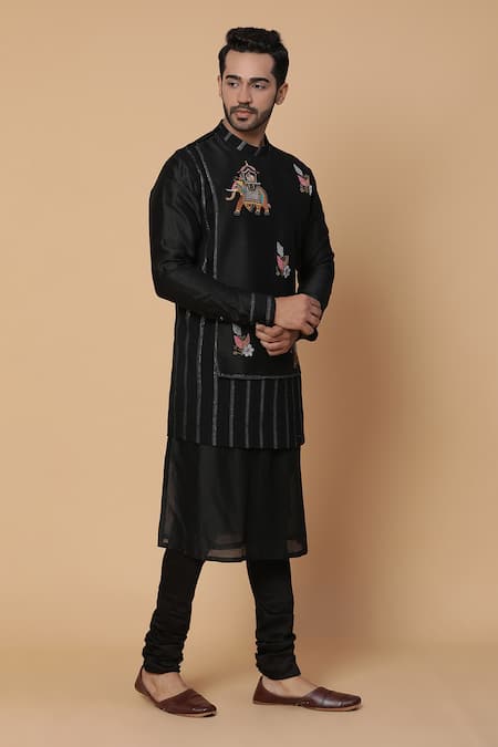 Kudrat Couture_Black Chanderi Silk Embroidery Zardozi Airavata Elephant Kurta Set_at_Aza_Fashions