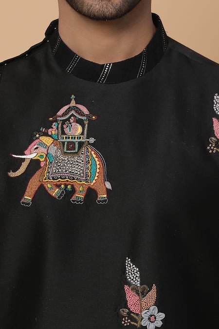 Buy_Kudrat Couture_Black Chanderi Silk Embroidery Zardozi Airavata Elephant Kurta Set