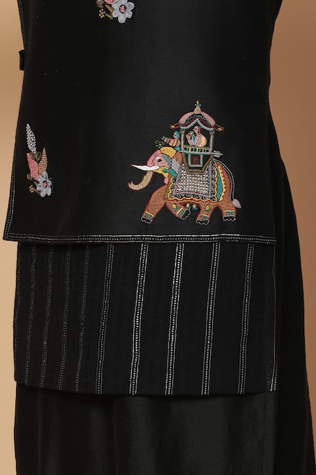 Shop_Kudrat Couture_Black Chanderi Silk Embroidery Zardozi Airavata Elephant Kurta Set