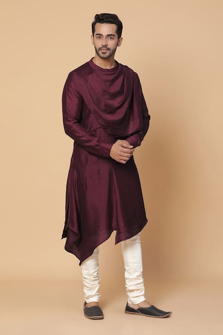 Kudrat Couture Maroon Silk Plain Cowl Neck Kurta Set 