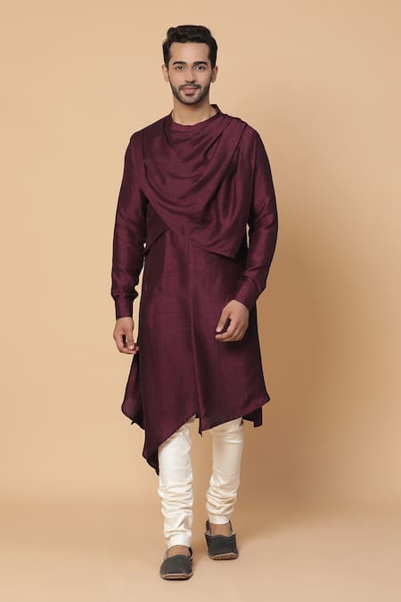 Kudrat Couture_Maroon Silk, Cotton Cowl Neck Kurta Set _Online_at_Aza_Fashions