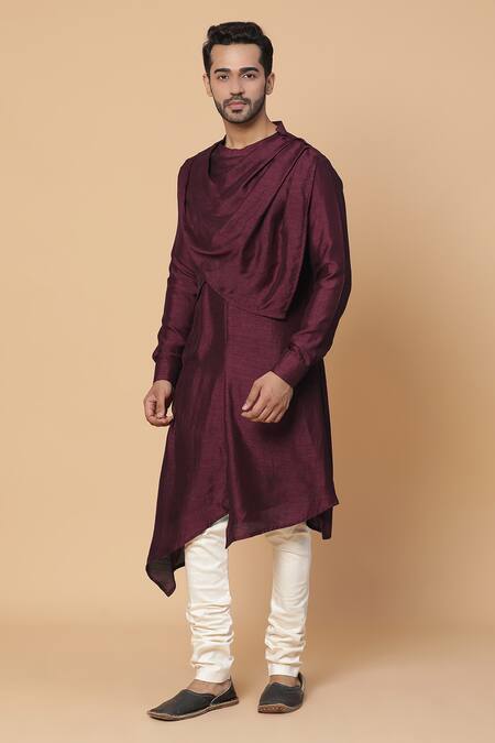 Kudrat Couture_Maroon Silk, Cotton Cowl Neck Kurta Set _at_Aza_Fashions