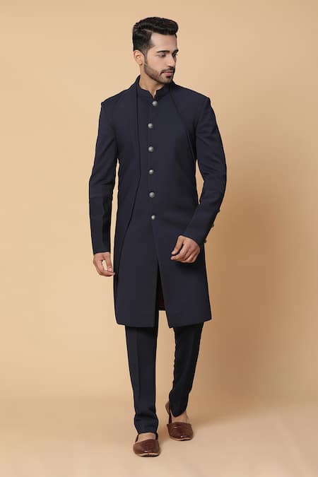 Kudrat Couture Blue Italian Plain Textured Layered Kurta Set 