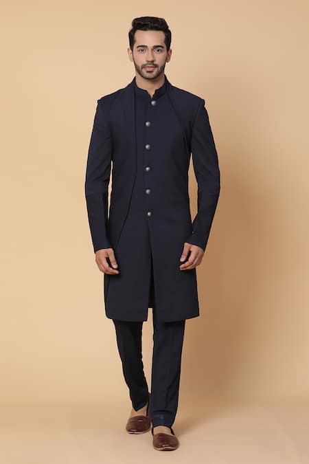 Kudrat Couture_Blue Italian Plain Textured Layered Kurta Set_Online_at_Aza_Fashions