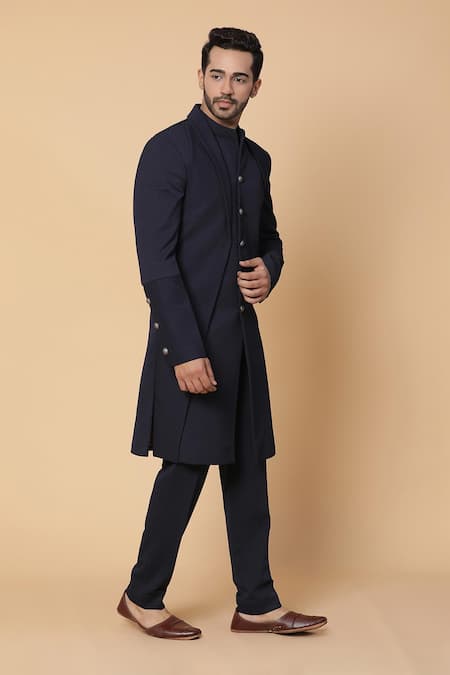 Shop_Kudrat Couture_Blue Italian Plain Textured Layered Kurta Set_Online_at_Aza_Fashions