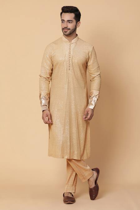 Kudrat Couture_Gold Georgette Embroidery Mirror Work Jacket And Kurta Set_Online_at_Aza_Fashions