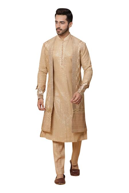 Buy_Kudrat Couture_Gold Georgette Embroidery Mirror Work Jacket And Kurta Set_Online_at_Aza_Fashions