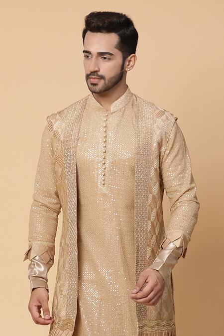 Shop_Kudrat Couture_Gold Georgette Embroidery Mirror Work Jacket And Kurta Set_Online_at_Aza_Fashions